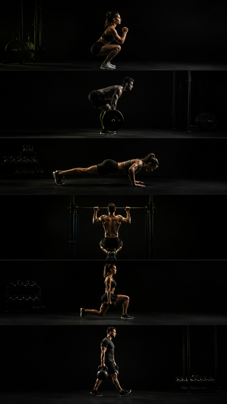 The six fundamental beginner movement patterns: squat, hinge, push, pull, single-leg, and carry/brace.
