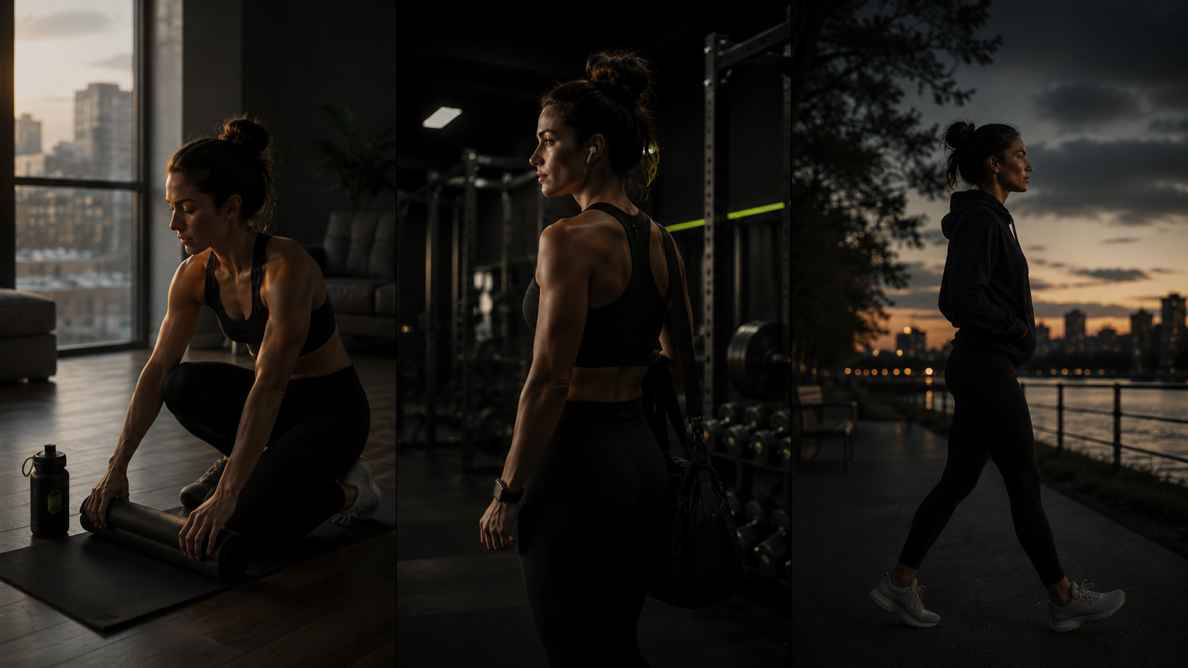 The same beginner preparing for three realistic sessions across several days — home, gym, and an outdoor walk.