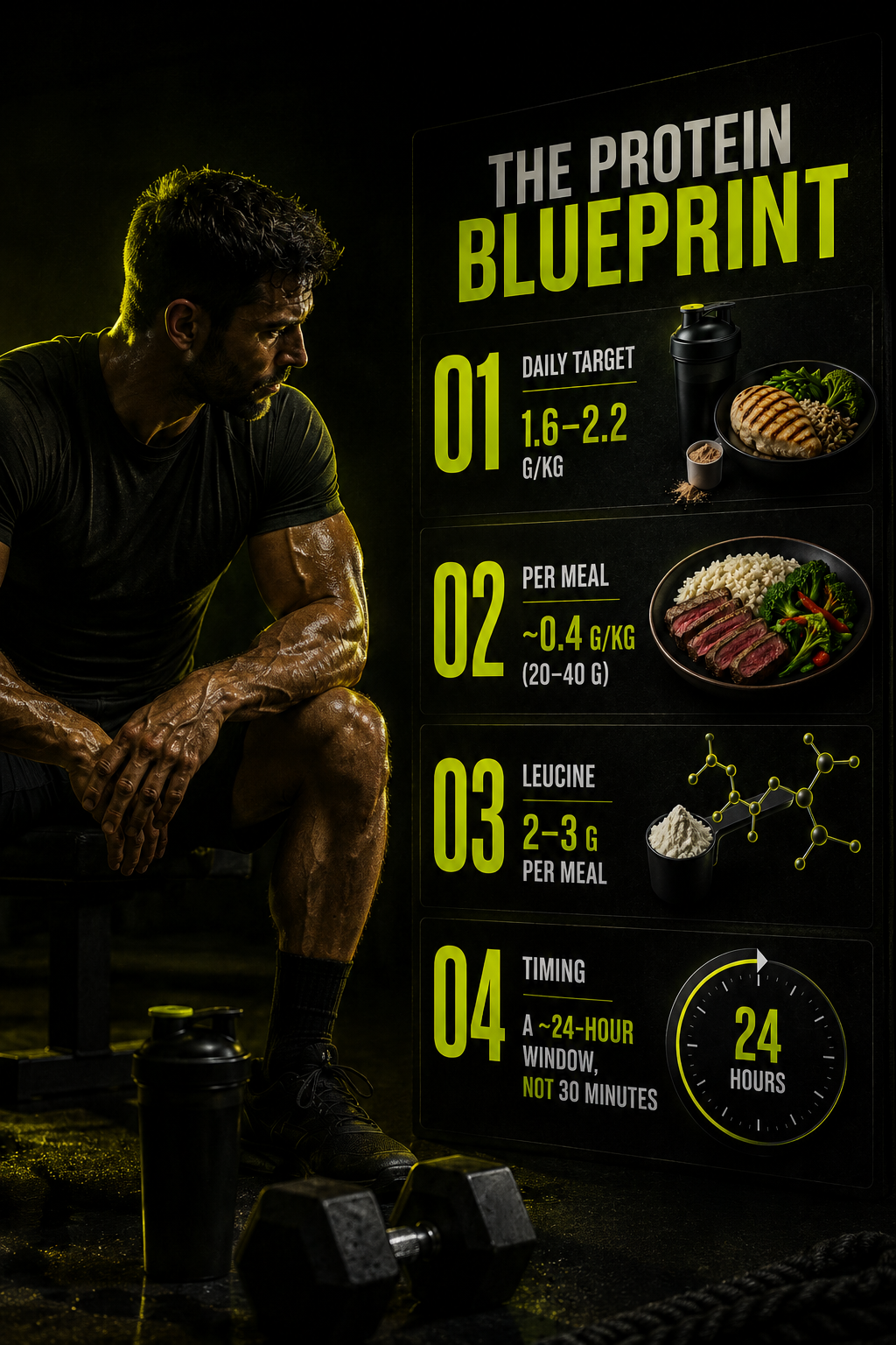 The protein blueprint: daily target, per-meal dose, leucine threshold, and the 24-hour window.
