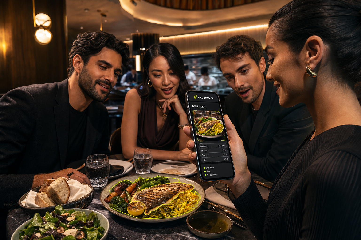 Friends at a restaurant scanning a meal with Endopamin to see calories, protein, carbs, and fats instantly.