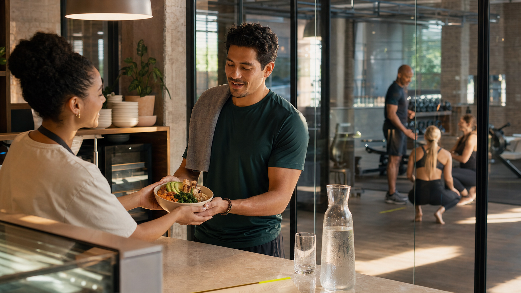 Healthy whole foods beside training equipment — food as the raw material for fitness adaptation.