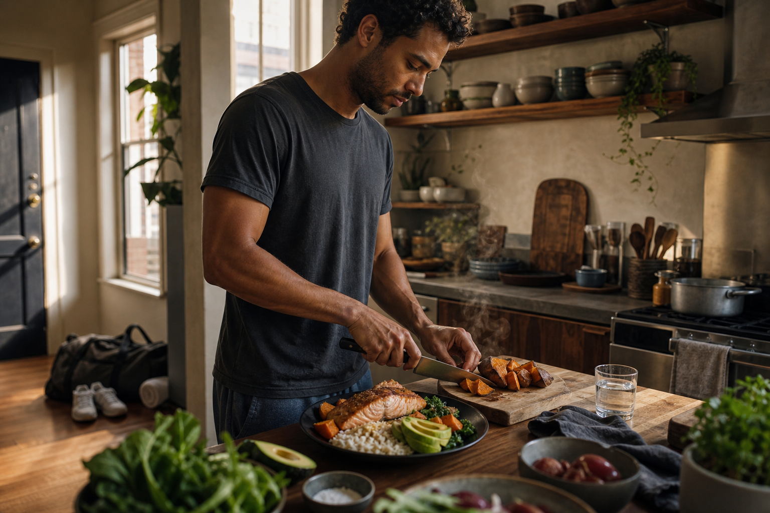 Balanced fitness nutrition beside training equipment