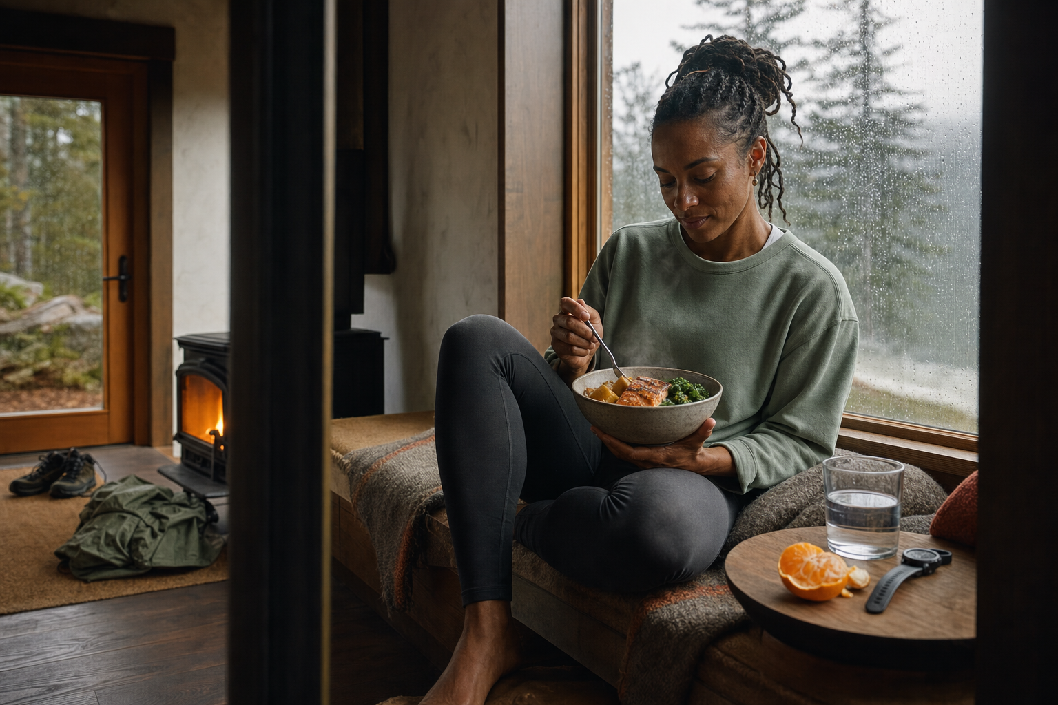 Post-workout recovery meal and water in warm light — refueling and rebuilding after training.