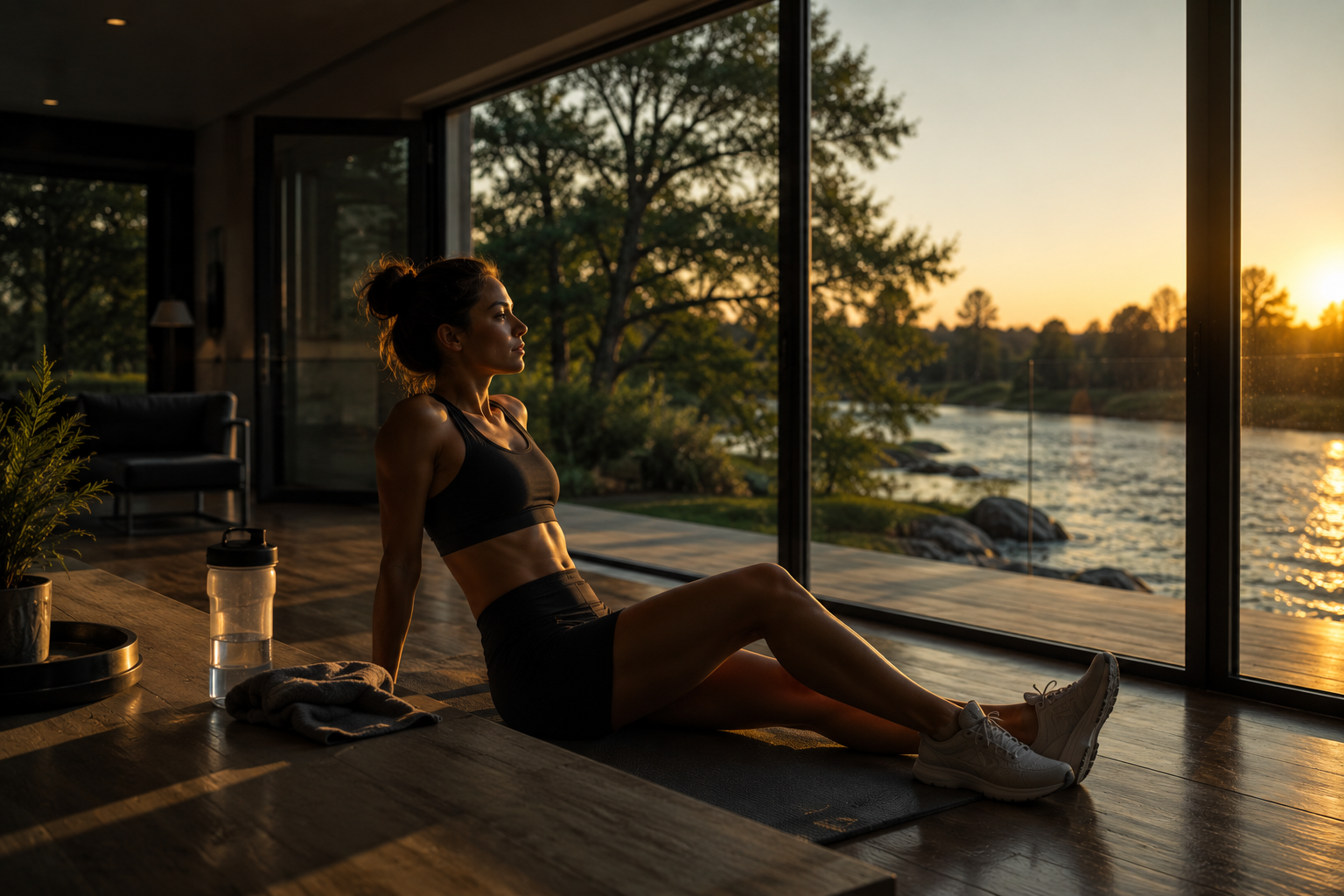 A beginner resting at home after training — water nearby, calm expression, low warm light.
