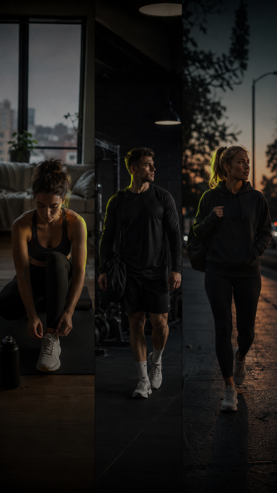 Three beginners starting their fitness journey — one training at home, one entering a gym, one walking outdoors.